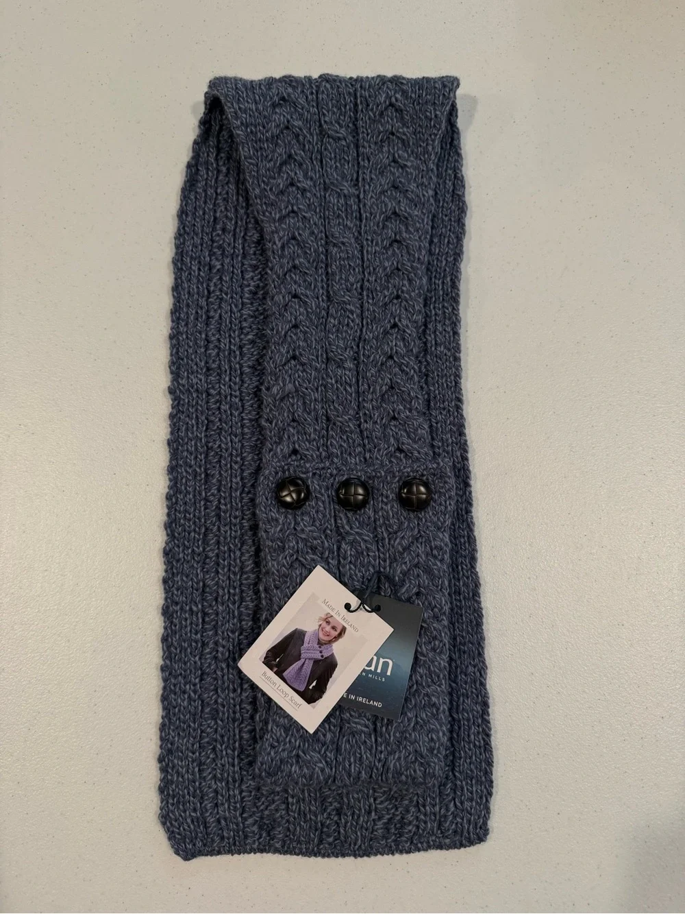 Button-Loop Cable Knit Scarf in Slate Blue
